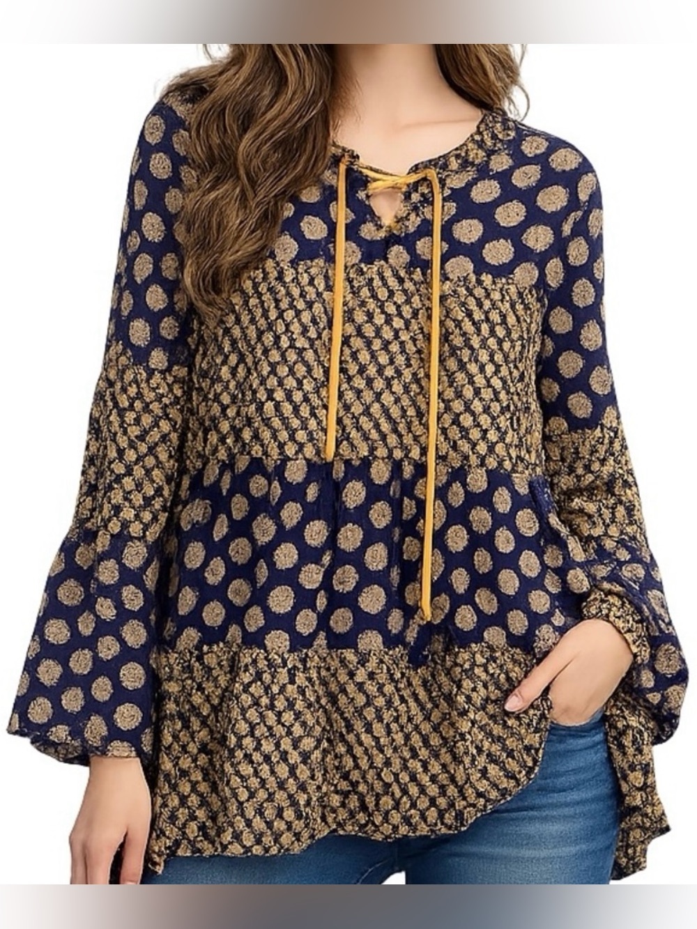 Earthbound Cotton Long Sleeve Mixed Print Floral Tiered Boho Top Blue Yellow XXL